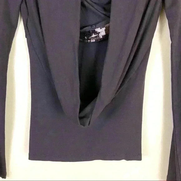 BCBGMaxAzria Dark Brown Rayon Drapey Sequined Long Sleeve Top - Picture 8 of 12